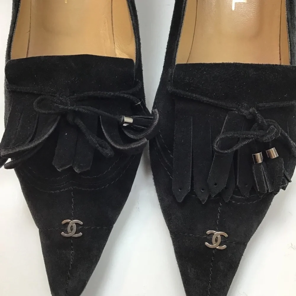 Chanel Heels Pointed Toe Logo Tassel Fringe